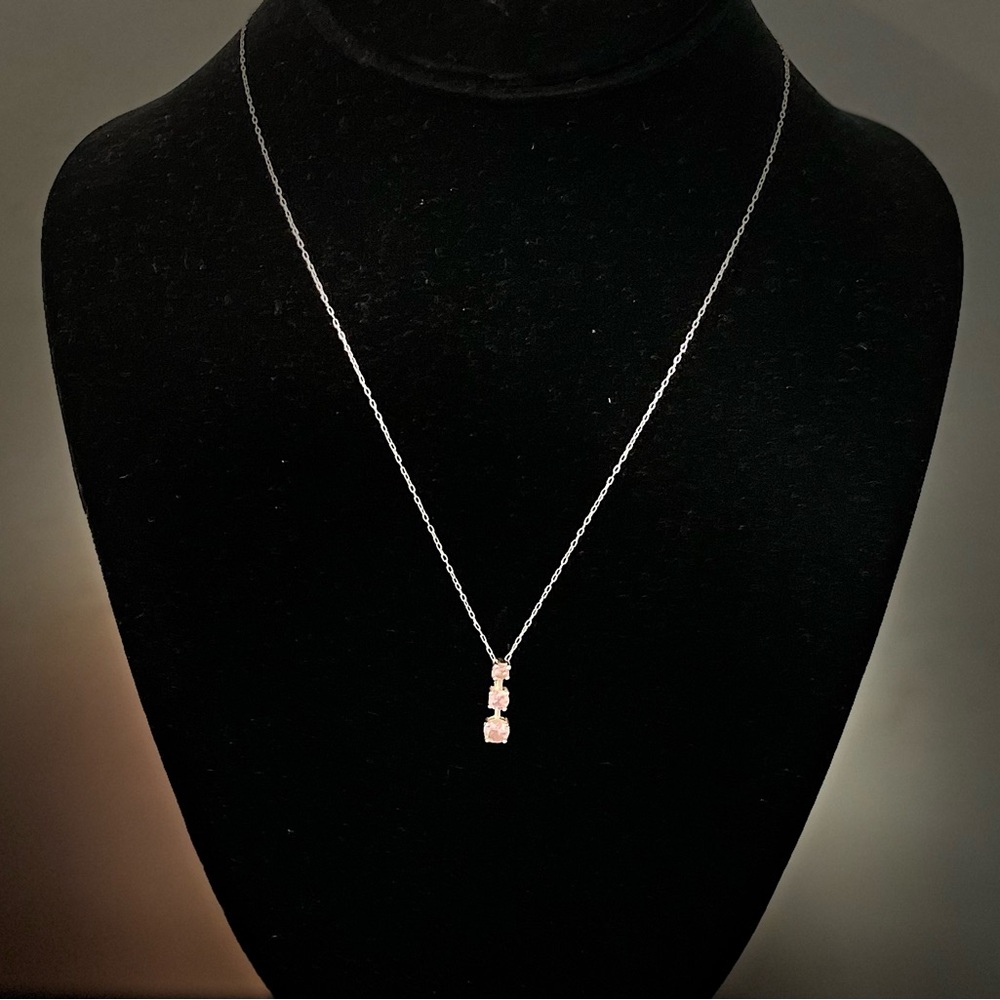 Silver Pink Cubic Zirconia 3 Stone Sterling 925 Pendant Chain
